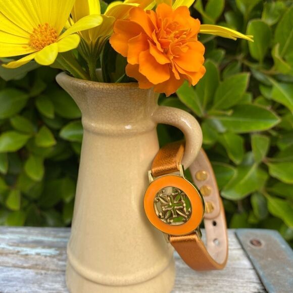 RUSTIC CUFF BRACELET Adjustable Tangerine band w/gold RC medallion. EUC! - Picture 1 of 10
